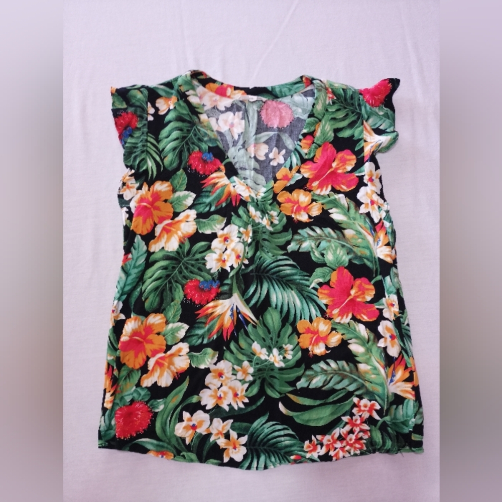 Christian Siriano Floral Hawaiian Print Top Short Ruffle Cap Sleeve